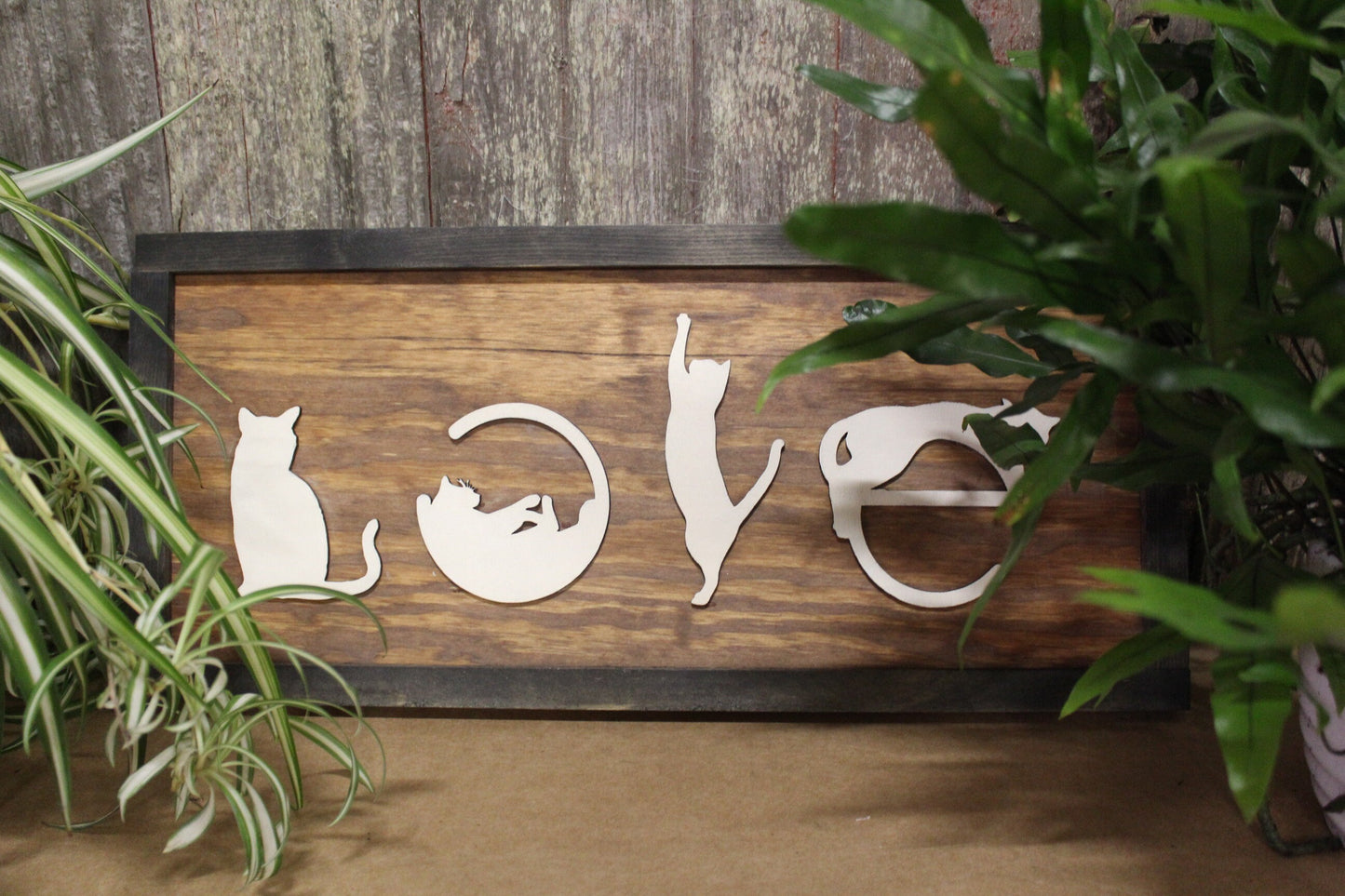 Love Spelled with Kittens Cats Cat Silhouette Pet Rustic Primitive Cat Lover Gift Wood Sign 3D Raised Image White Brown Frame Decoration