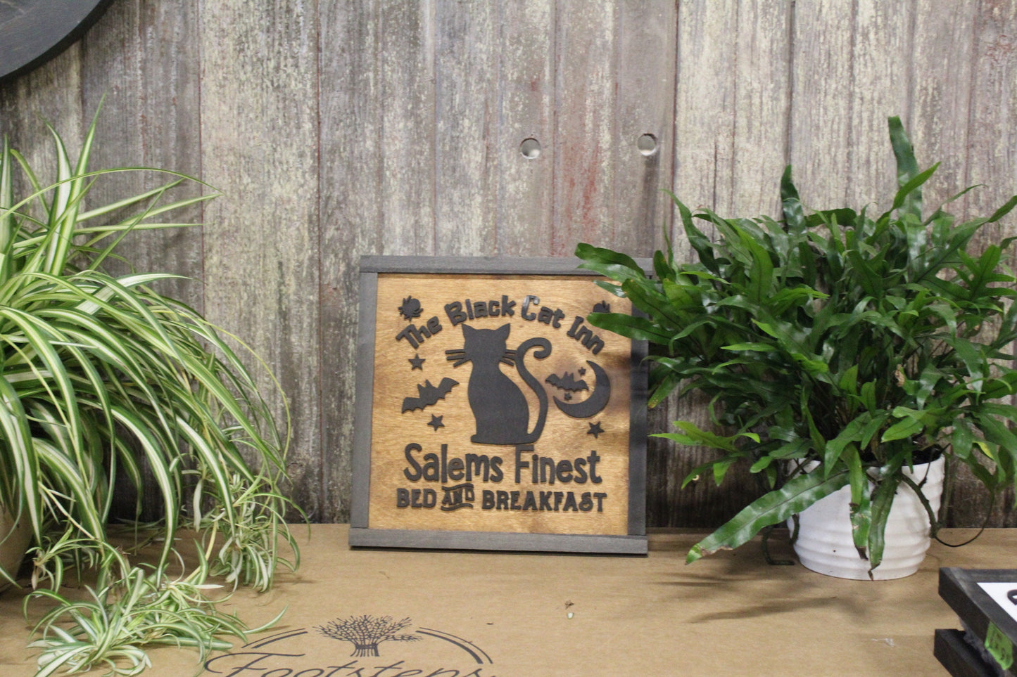 Black Cat Salem Fine Bed and Breakfast Square Wood 3D lettering Classic Rustic Halloween Fall Autumn Holiday Seasonal Bats Cute Kitchen Home