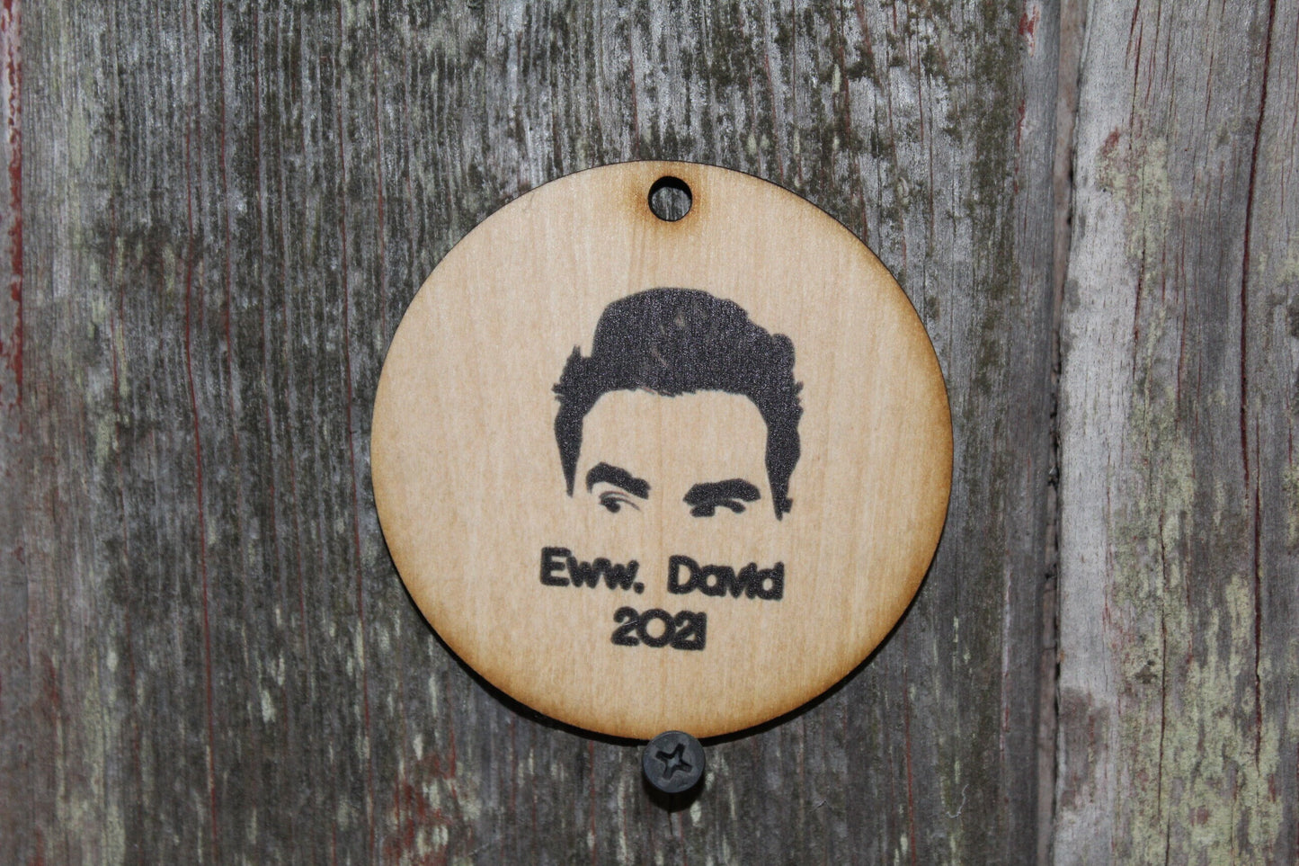 Set of 3 Ew David 2021 Wood Slice Funny Christmas Ornament Up-close Primitive David Face Rustic Tree Printed