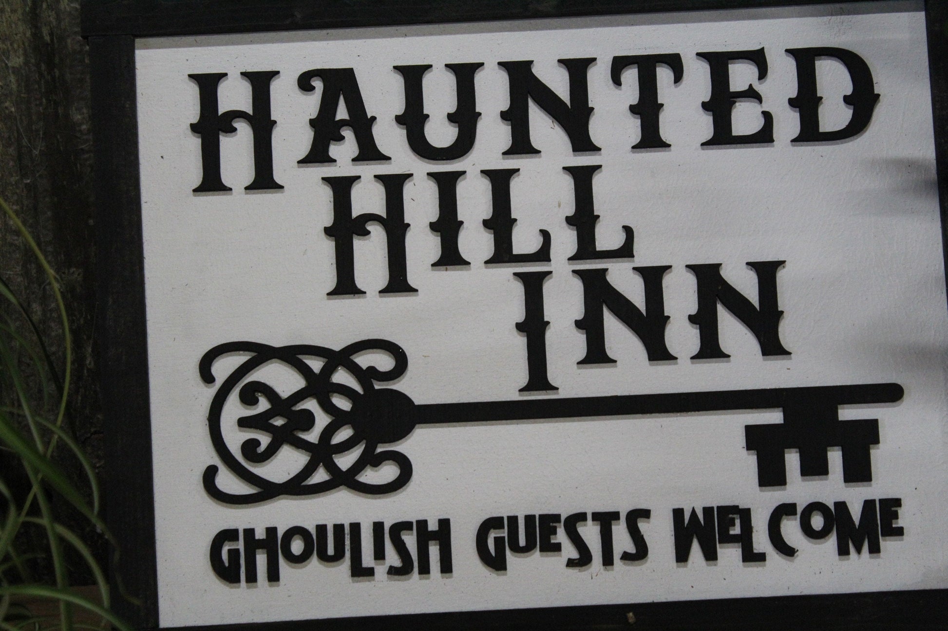 Haunted Hill Inn Sign Ghoul Ghosts Key Black White Guest Welcome Entry Small Rectangle Wood Rustic Scary Fun Artwork 3D Raised Lettering