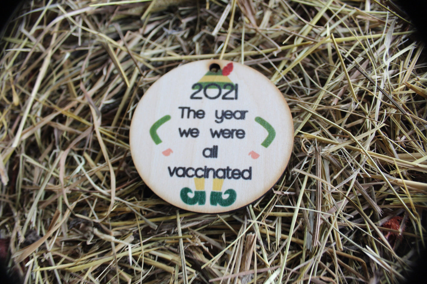 2021 The Year We Were All Vaccinated Colorful Funny Humor Elf UV Printed Wooden Christmas Ornament 3 inch circle with hole for hanging
