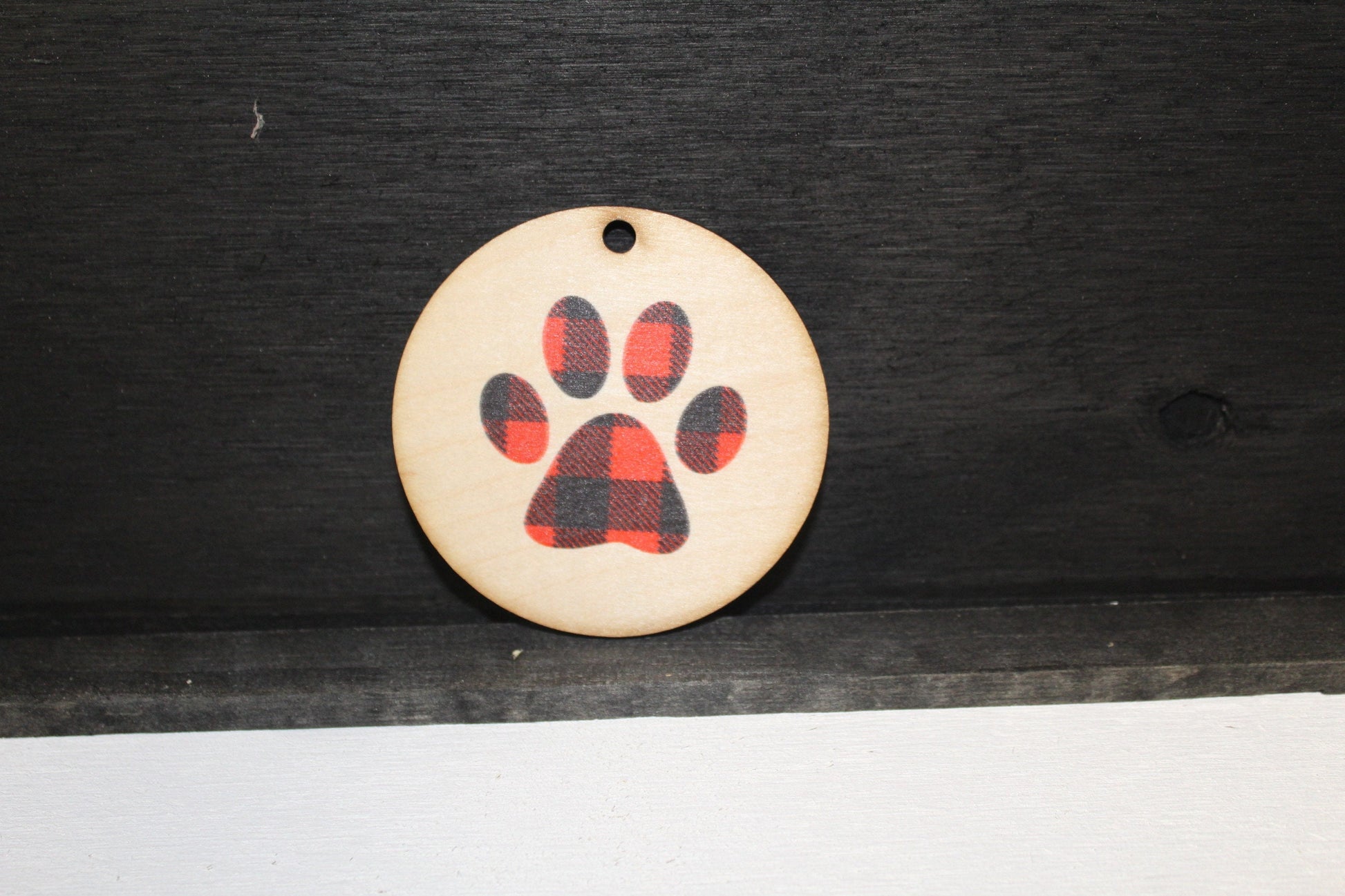 Paw Print Wood Slice UV Printed Wooden Plaid Christmas Ornament 3 Inch Round Circle Tree In Memory Of Remembrance Pup Red Rustic Primitive