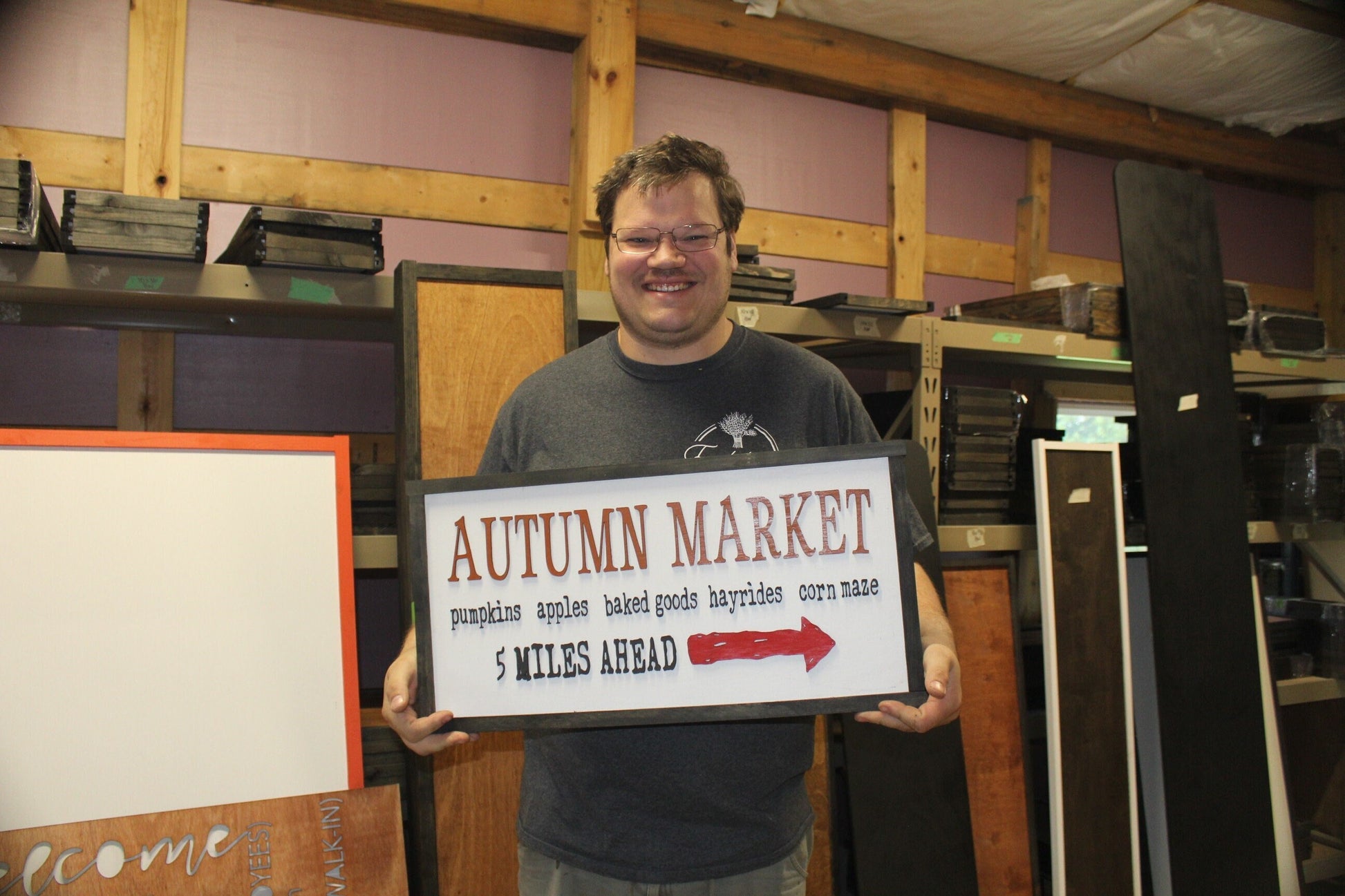 Autumn Market Fall Decoration Destination Sign Entrance Raised Text Rustic Wood Country Grocery Store Advertisement Distance Arrow Market