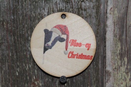 Moo Cow Christmas Ornament Keychain Friend Gift Animal Lover Farm Barn Farmhouse Round Funny White Elephant Holiday