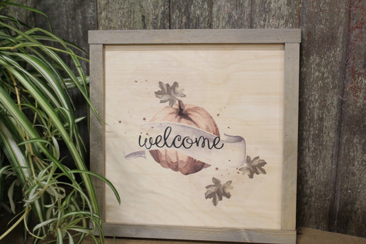 Watercolor Fall Print Pumpkin Welcome Wood Sign Pallet Sign Banner Autumn Leaves Text Script Décor Decoration Print Wall Art Framed Gift