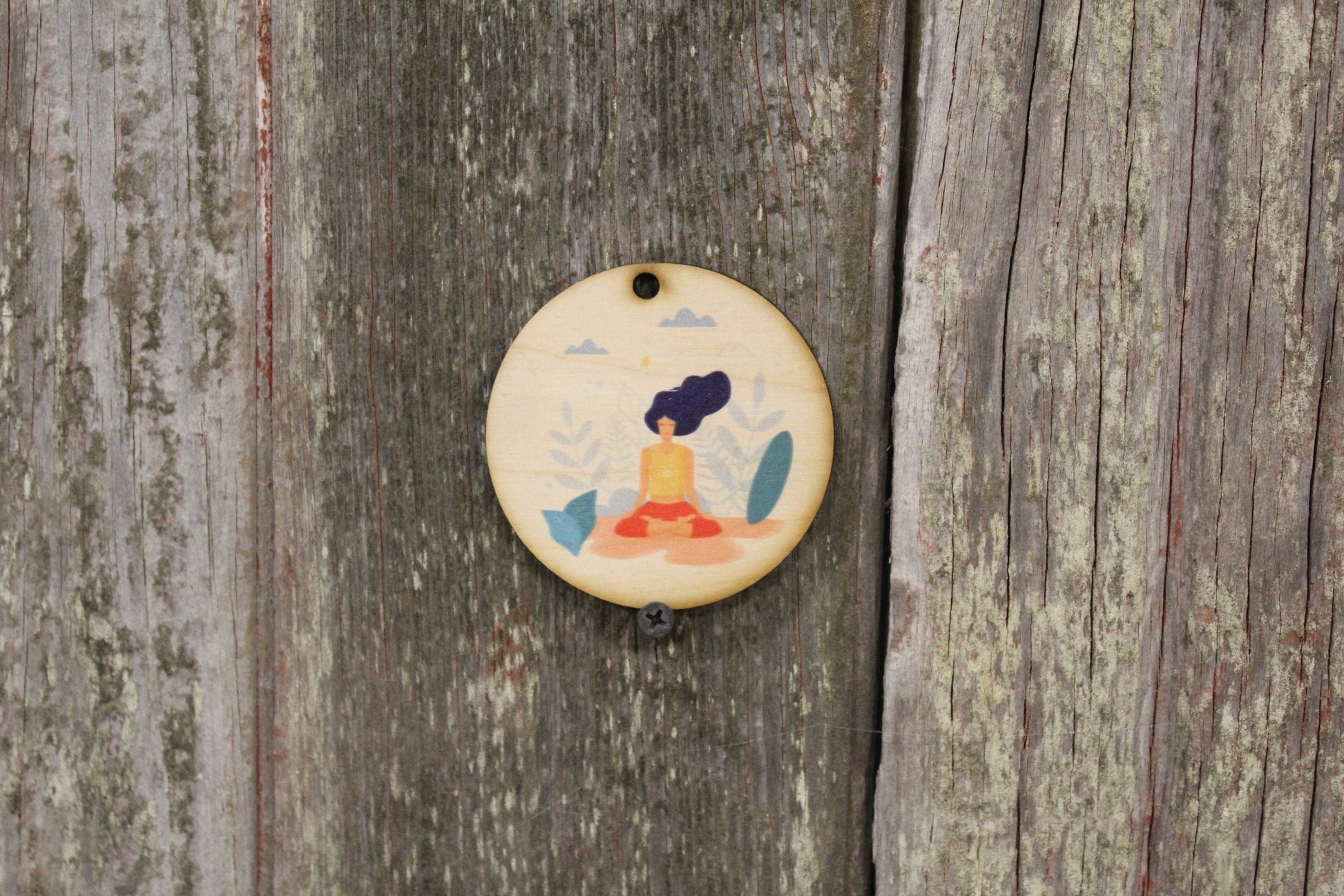 Yoga Meditate Peace Therapy Exercise Tranquility Minimalist Ornament Christmas Holiday Special Keychain Gift Gift tag Woodslice Circle