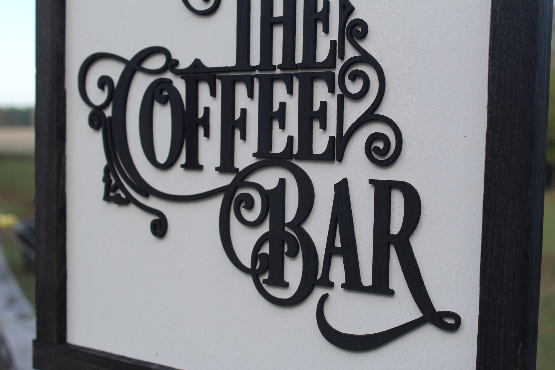 The Coffee Bar Raised 3D Wood Black White Scroll Text Décor Decoration Wall Art Farmhouse Rustic Handmade Accessories Kitchen