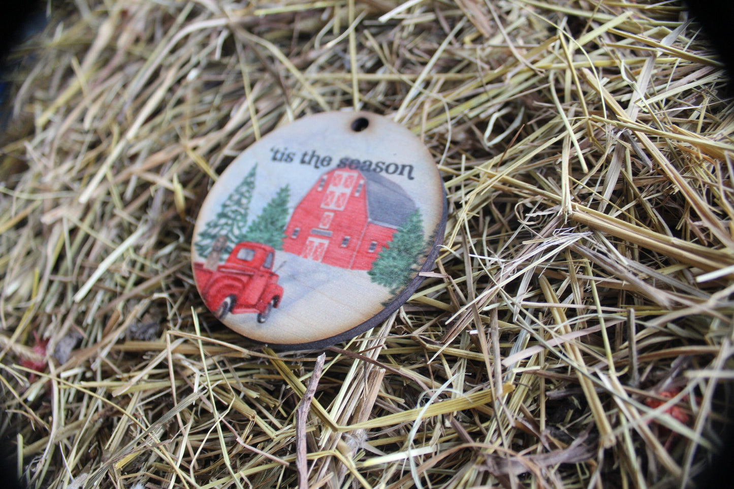 Tis The Season Little Truck Barn Red Winter Christmas Holiday Ornament KeyChain Gift Tag Woodslice Round Printed Image Winter Scene Vintage