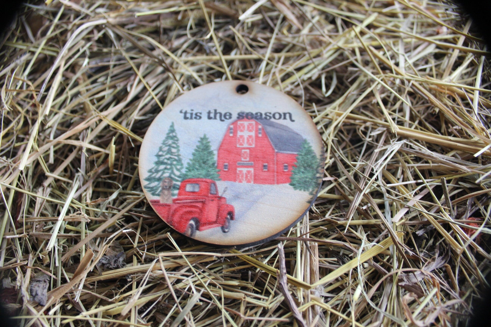 Tis The Season Little Truck Barn Red Winter Christmas Holiday Ornament KeyChain Gift Tag Woodslice Round Printed Image Winter Scene Vintage