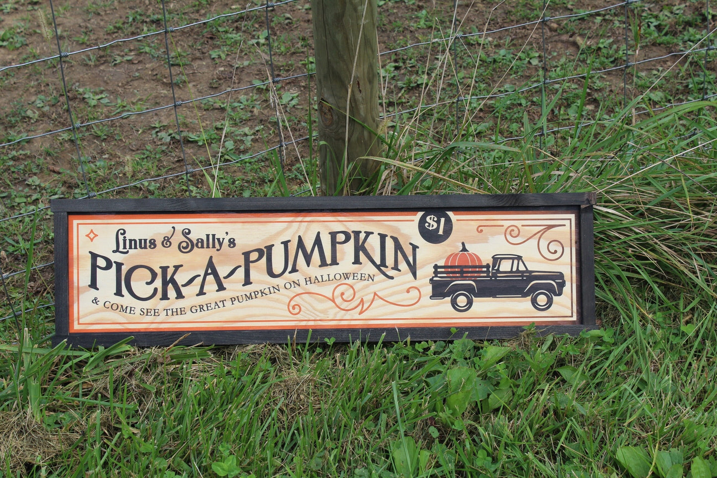 Linus and Sallys Pick A Pumpkin Pumpkin Patch Black Vintage Truck Long Wood Sign Printed Halloween Fall Autumn Decoration Decor Great