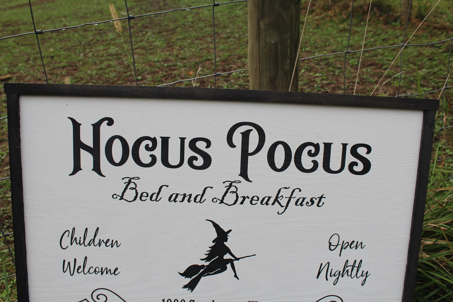 Large Witch Hocus Pocus Wood Sign Sanderson Halloween Black and White Children Welcome Open Nightly Rustic Framed UV Print Porch Decoration