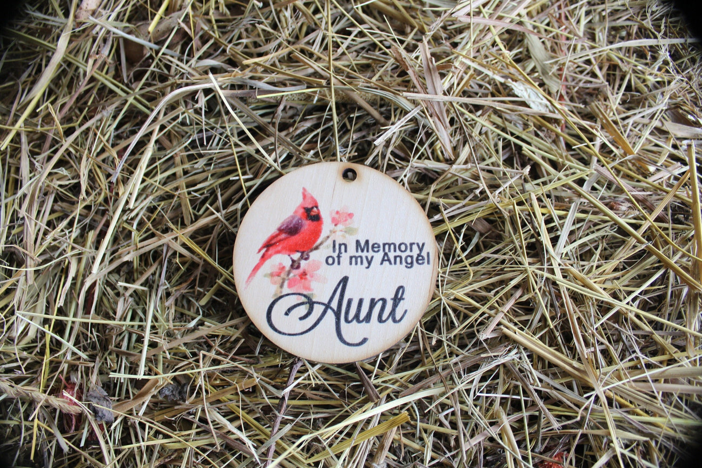 In Memory Of My Angel Aunt Cardnial In Rememberance Memorial Christmas Holiday Ornament Woodslice Keychain Gift Tag Round