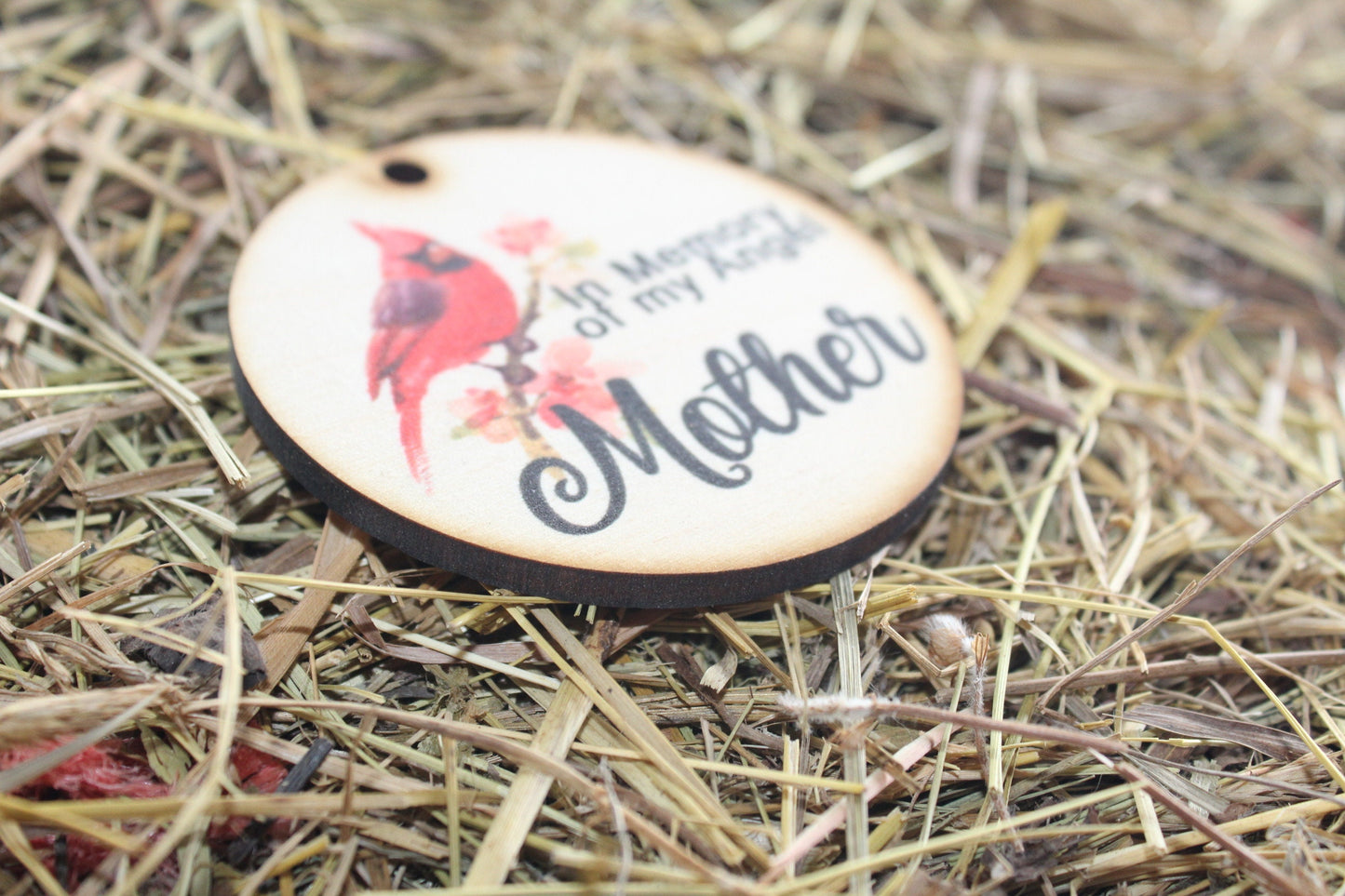 In Memory Of My Angel Mother Cardnial In Rememberance Memorial Christmas Holiday Ornament Woodslice Keychain Gift Tag Round