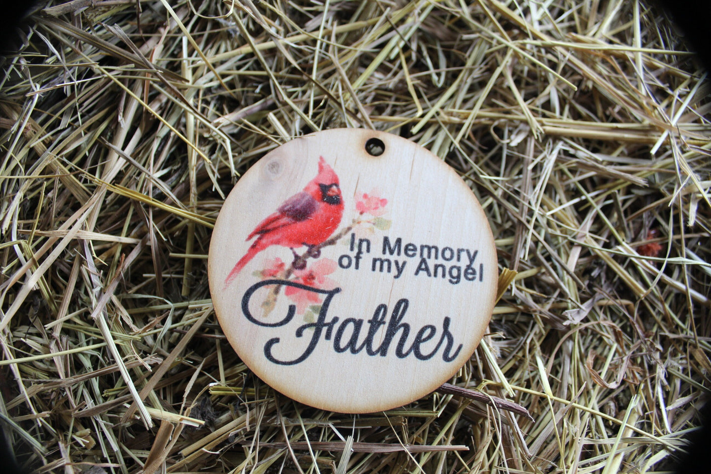 In Memory Of My Angel Father Cardnial In Rememberance Memorial Christmas Holiday Ornament Woodslice Keychain Gift Tag Round