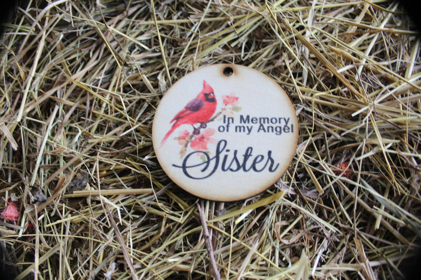 In Memory Of My Angel Sister Cardnial In Rememberance Memorial Christmas Holiday Ornament Woodslice Keychain Gift Tag Round