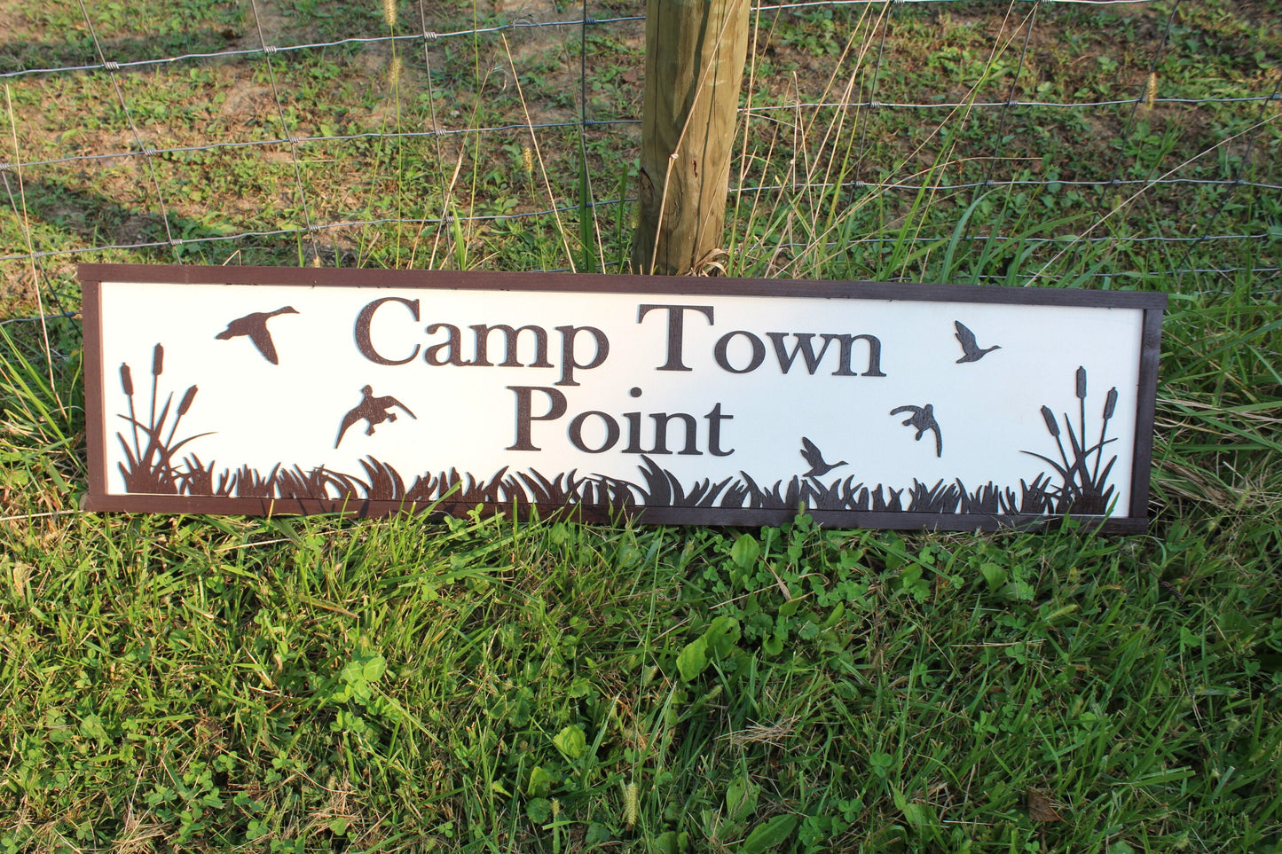 Camp Wood Sign Cabin Entrance Black White Customizable name Rustic birds trees grass driveway campground rustic handmade Raised 3D Lettering