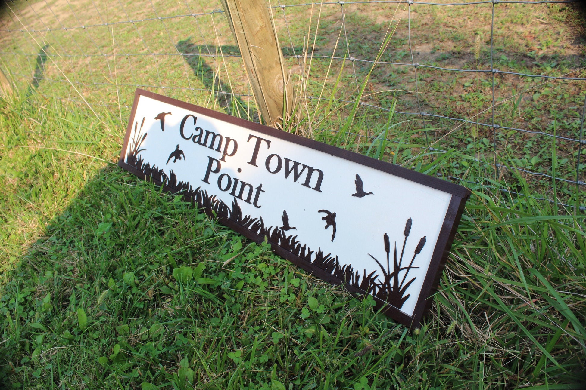Camp Wood Sign Cabin Entrance Black White Customizable name Rustic birds trees grass driveway campground rustic handmade Raised 3D Lettering