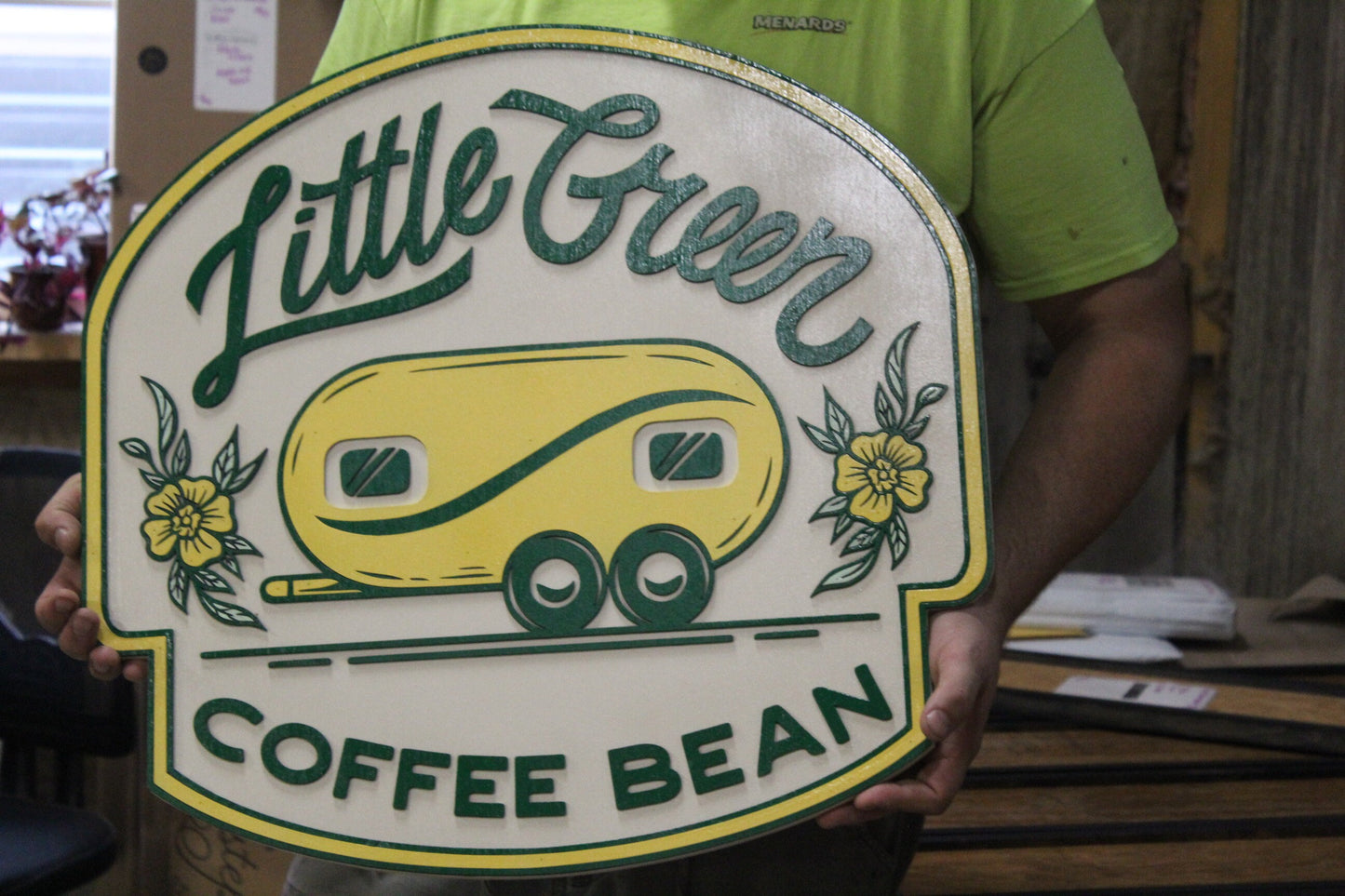 Coffee Shop Little Camper Coffee Bean Yellow Green Design Logo Image Large Round Custom Wood Sign Can Be Hanging Indoor Outdoor Minimalist
