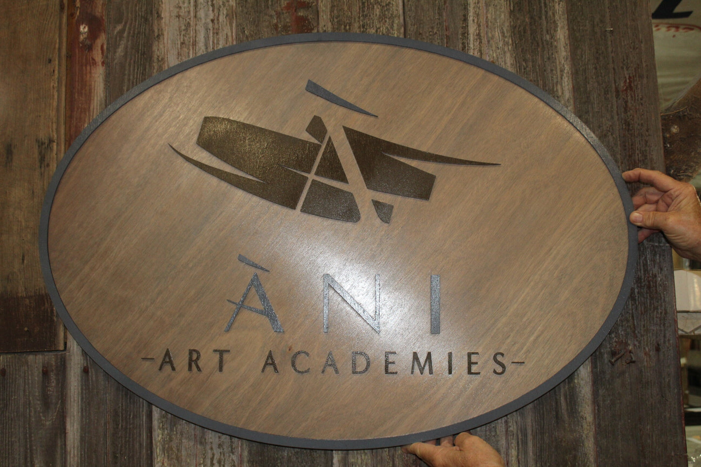 Wooden Oval Custom Sign Logo Raised 3D Elevated Letters Made to Order Art Academy Signage Schooling Blue Campus Business Technical Degree