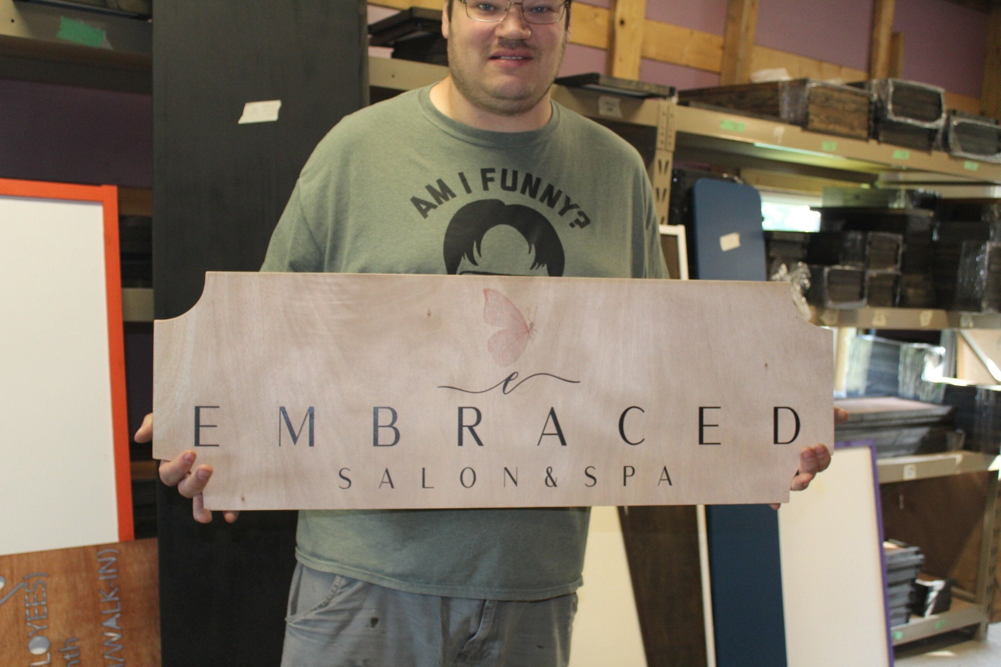 Embraced Day Spa Butterfly Business Logo Sign with UV Ink Printed Extra Detail Contour Wood Image
