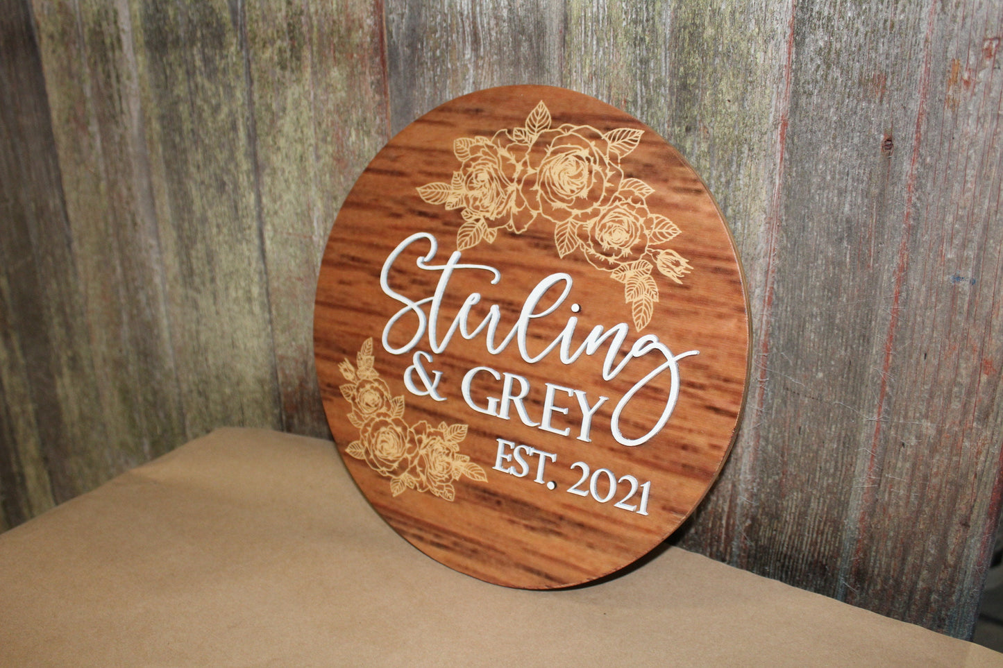 Established Sterling and Grey 2021 Roses Personalized Raised 3D Floral Wedding Engaged Round Woodgrain Gift Handmade Sign Business Circle