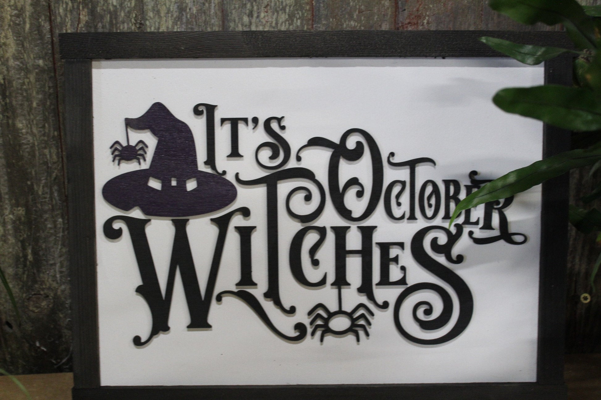 Its October Witches Hat Halloween Funny Humor Black White Wood Sign 3D Lettering Holiday Fall Autumn Small Square Handmade Classic Rustic