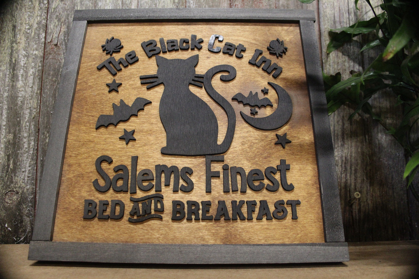 Black Cat Salem Fine Bed and Breakfast Square Wood 3D lettering Classic Rustic Halloween Fall Autumn Holiday Seasonal Bats Cute Kitchen Home