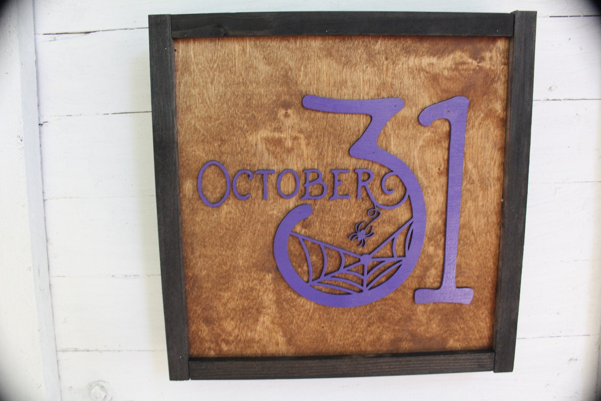 October 31st Halloween Square Wood Sign Rustic Purple Chic Web Spooky Seasonal Autumn Fall Outdoor Indoor Stained Framed Customizable