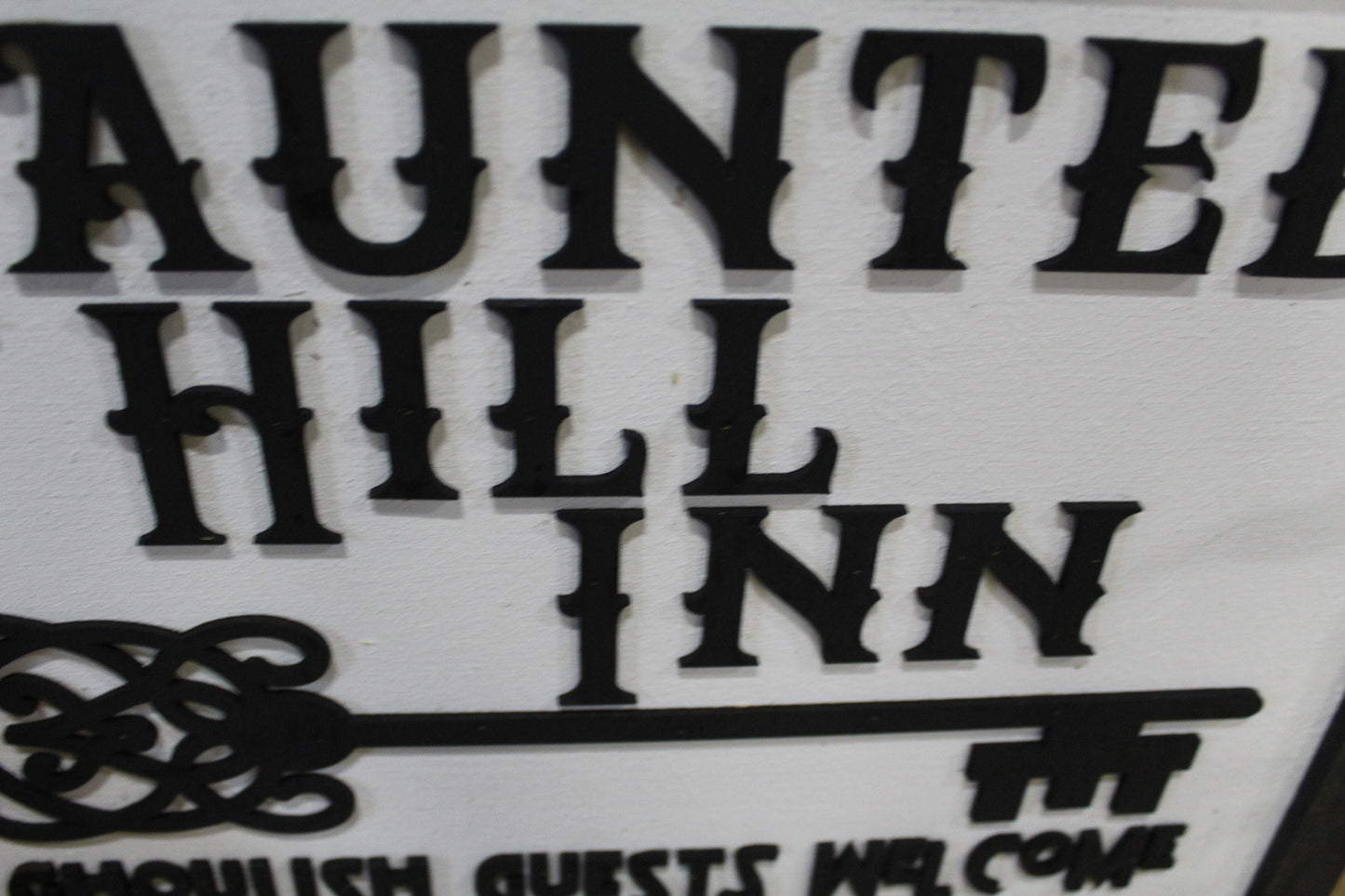 Haunted Hill Inn Sign Ghoul Ghosts Key Black White Guest Welcome Entry Small Rectangle Wood Rustic Scary Fun Artwork 3D Raised Lettering