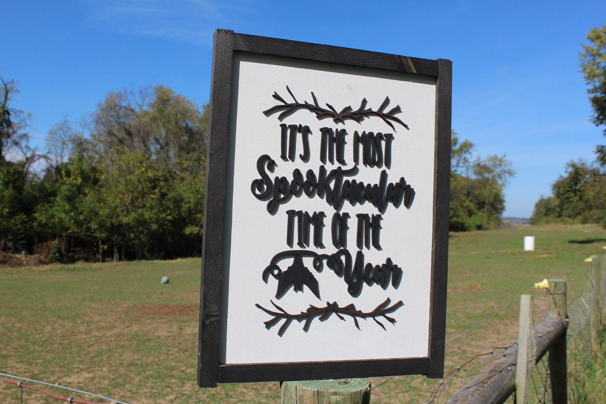 Halloween Spooky Season Spooktacular Sign Time Year Black and White Sticks Bats Chic Cursive Words Sayings Framed 3D Lettering Sticks Wood
