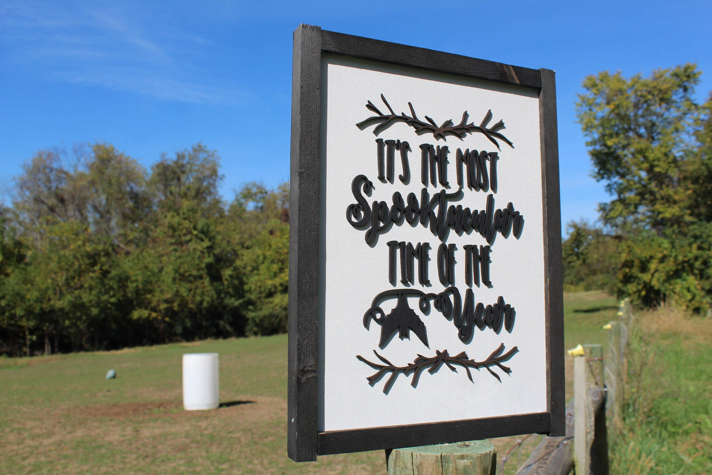 Halloween Spooky Season Spooktacular Sign Time Year Black and White Sticks Bats Chic Cursive Words Sayings Framed 3D Lettering Sticks Wood