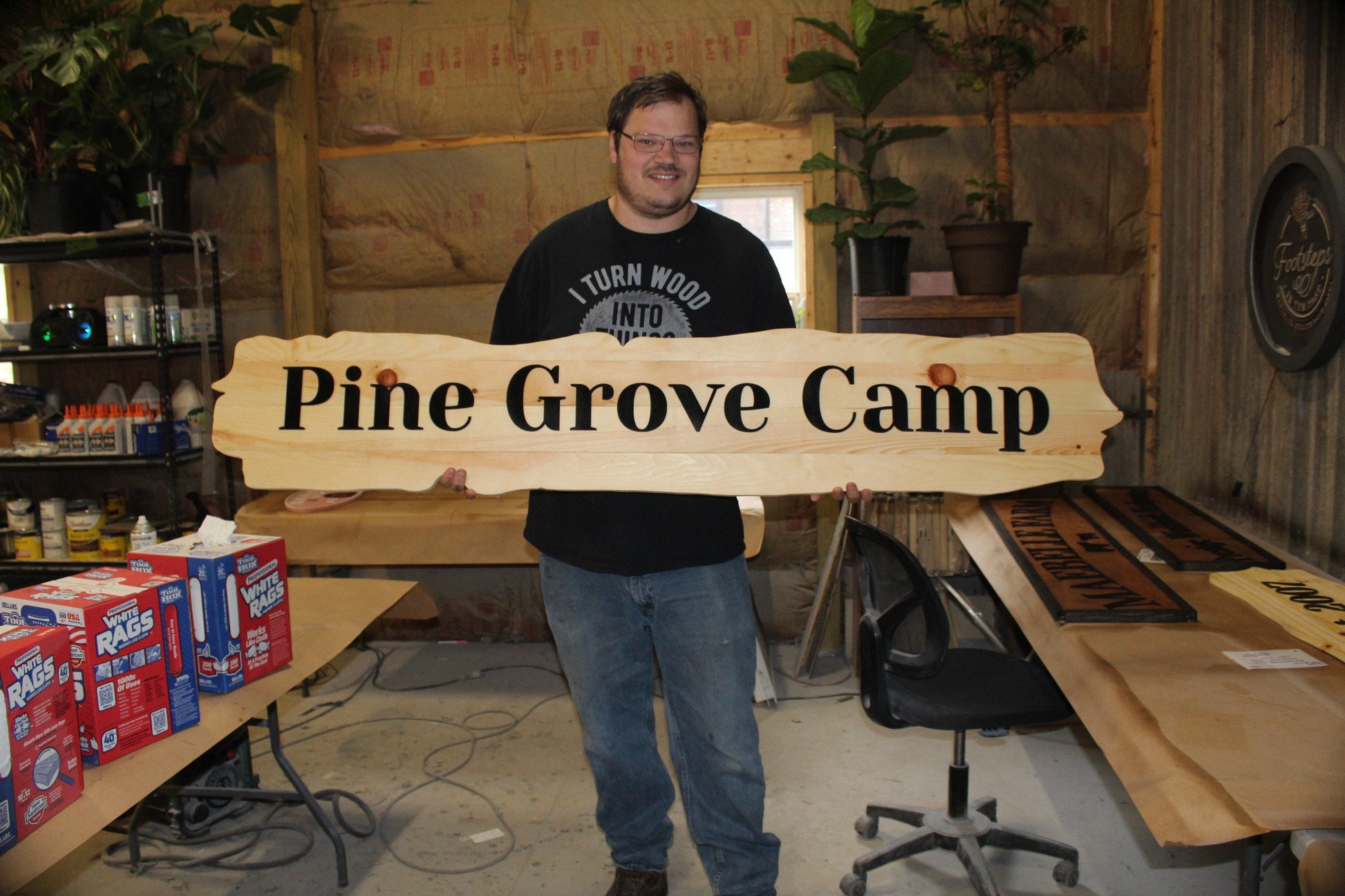 Large Oversized Camp Mock Live Edge Business Pine Grove 3D Laser Cut Router Natural Raised off the Board Indoor Outdoor Store Front Wood