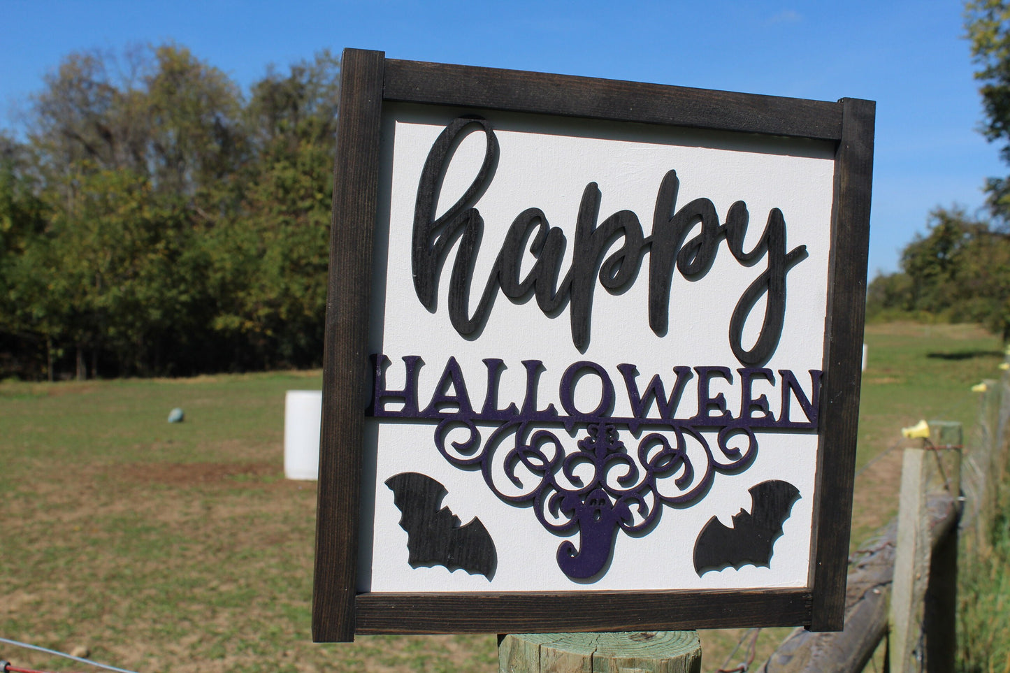 Halloween Small Square Wood Sign Rustic Black White Purple Fancy Spooky October Autumn Fall Outdoor Indoor Stained Framed Customizable Bats