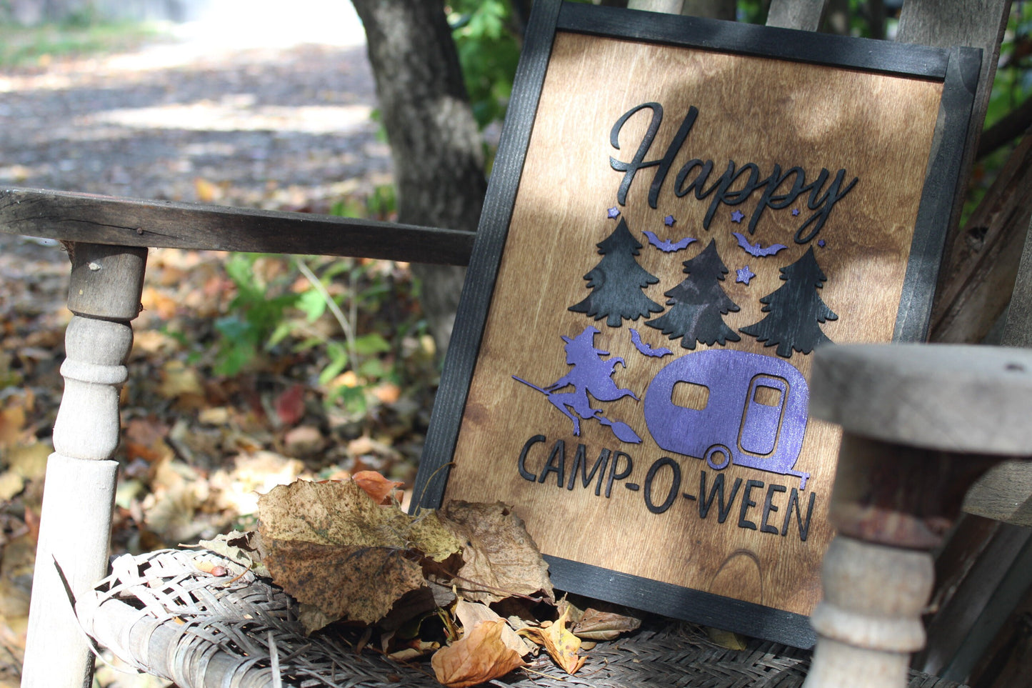 Happy Camper Halloween Black frame Wooden Sign Purple Witch Trees October Autumn Fall Decoration Rustic Funny Saying Camping 3D Lettering