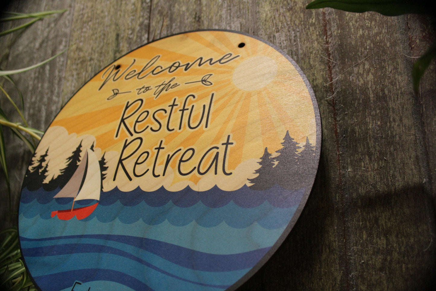 Small Business Sign Beach Restful Retreat Relax Logo Your Actual Logo Round Sign Custom Circle Personalized Plaque Wall Art Color Wood Print
