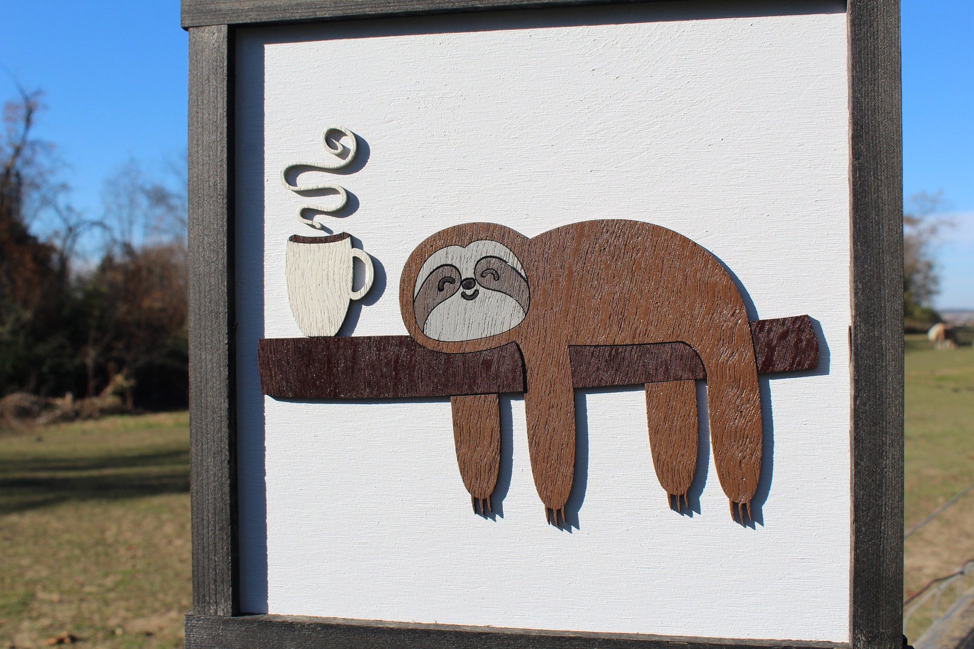 Tired Sloth Drinking Coffee 3D Raised Image Wood Sign Country Primitive Wall Decoration Passed Out Hot Chocolate Energy Sleepy Décor