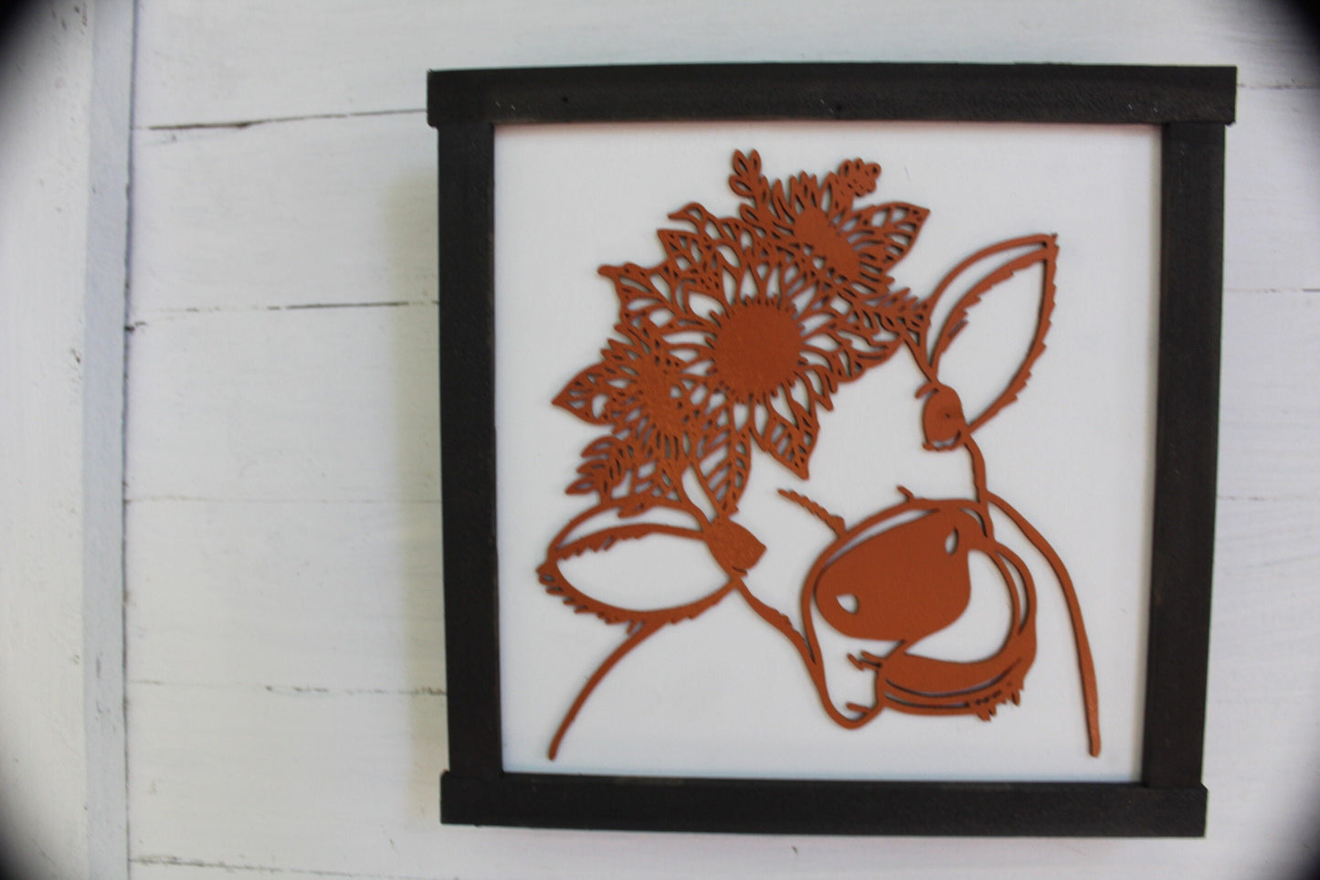 Cow Flower Crown Wood Sign 3D Raised Text Sunflower Floral Heifer Farm Cow Kissses Country Primitive Framed Wall Hanging Porch Decor