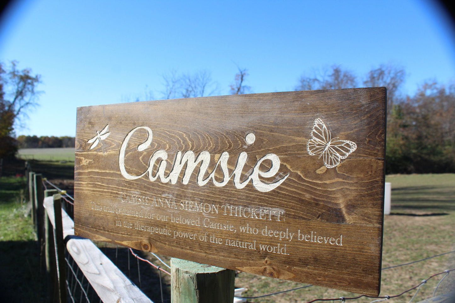 Camsie Dedication Trail Memorial Custom Wood Business Outdoor Sign Wall Decor Personalized Signs Laser Engraving Footstepsinthepast