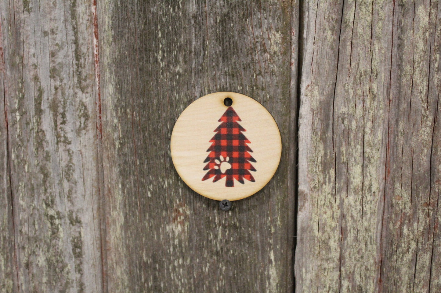 Pet Christmas Ornament Paw Print Buffalo Check Plaid Christmas Tree Keychain Gift Tag Woodslice Round