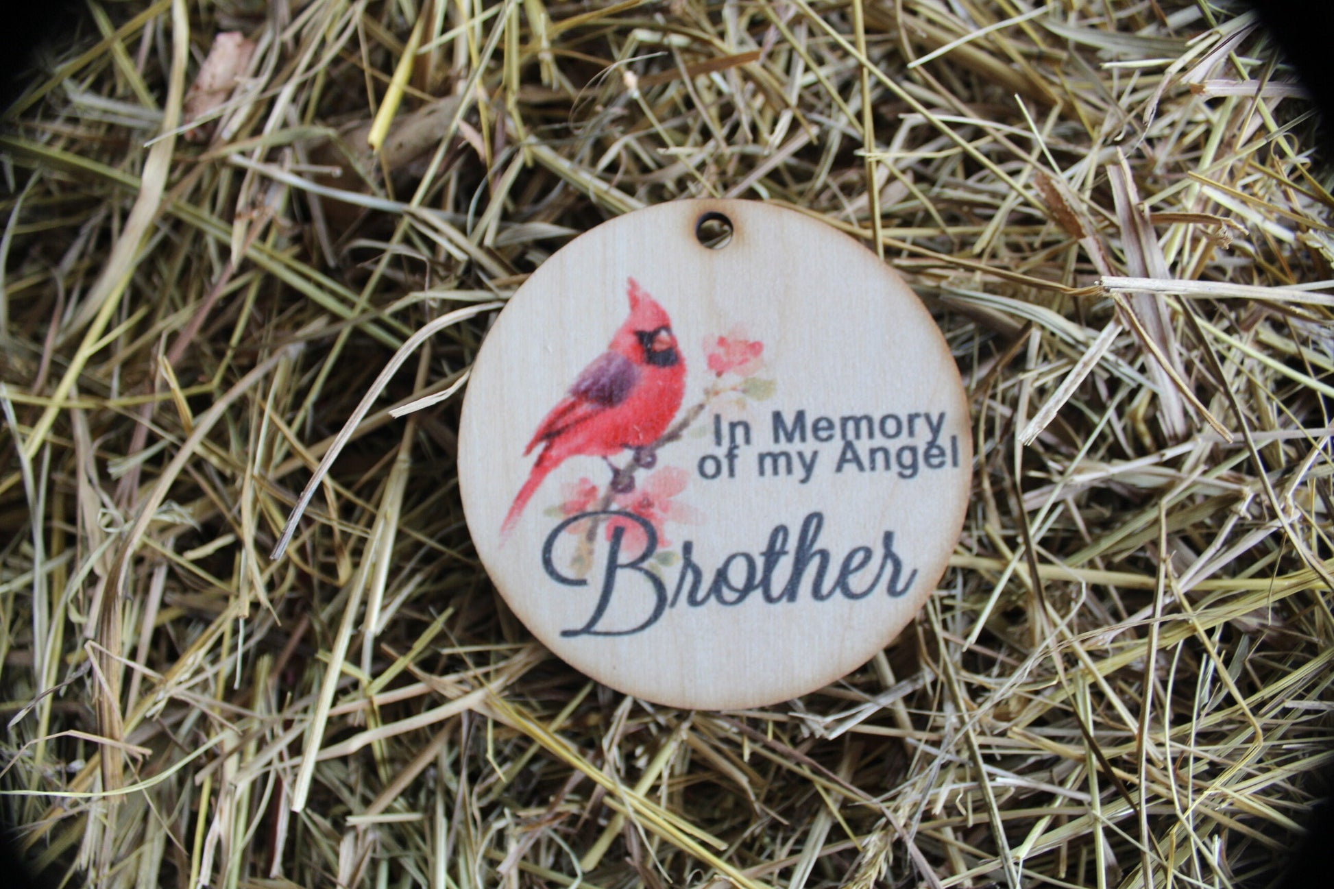 In Memory Of My Angel Brother cardinal In Rememberance Memorial Christmas Holiday Ornament Woodslice Keychain Gift Tag Round