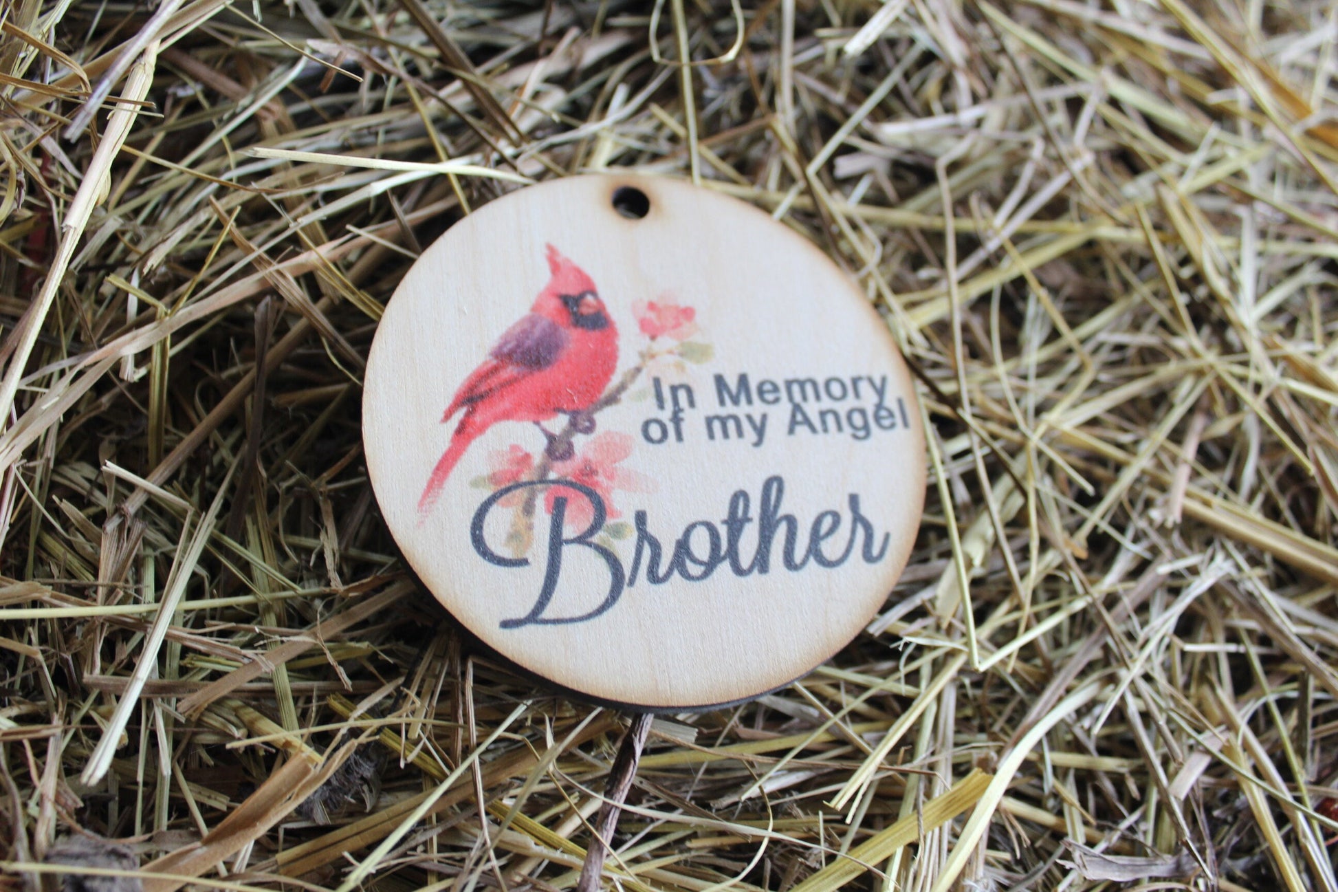 In Memory Of My Angel Brother cardinal In Rememberance Memorial Christmas Holiday Ornament Woodslice Keychain Gift Tag Round
