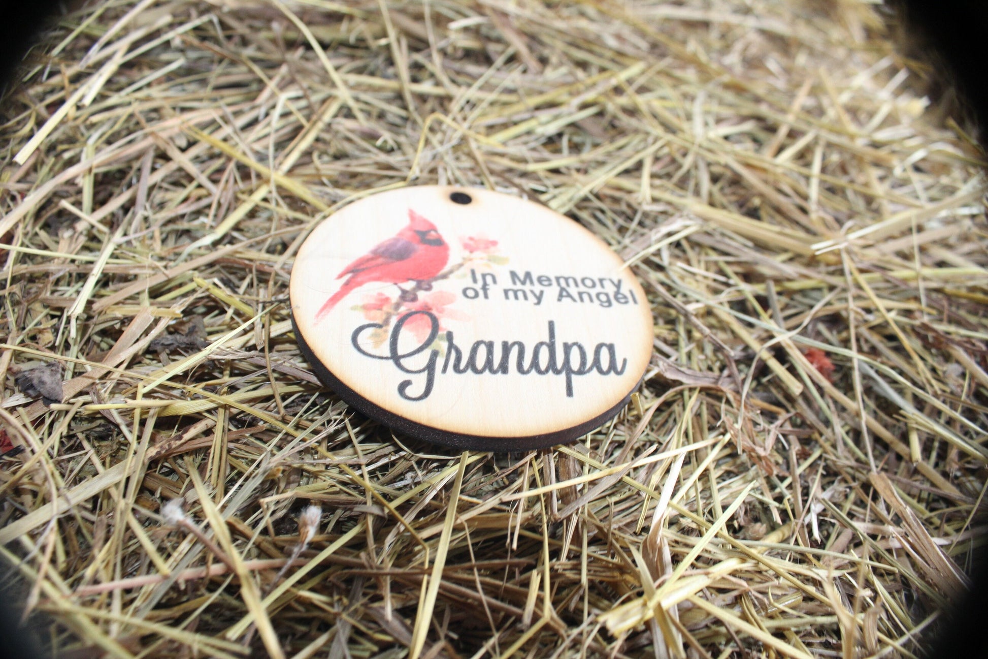 In Memory Of My Angel Grandpa Cardnial In Rememberance Memorial Christmas Holiday Ornament Woodslice Keychain Gift Tag Round