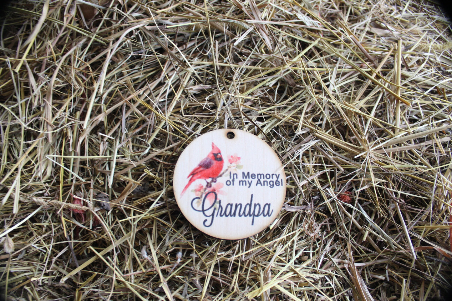 In Memory Of My Angel Grandpa Cardnial In Rememberance Memorial Christmas Holiday Ornament Woodslice Keychain Gift Tag Round