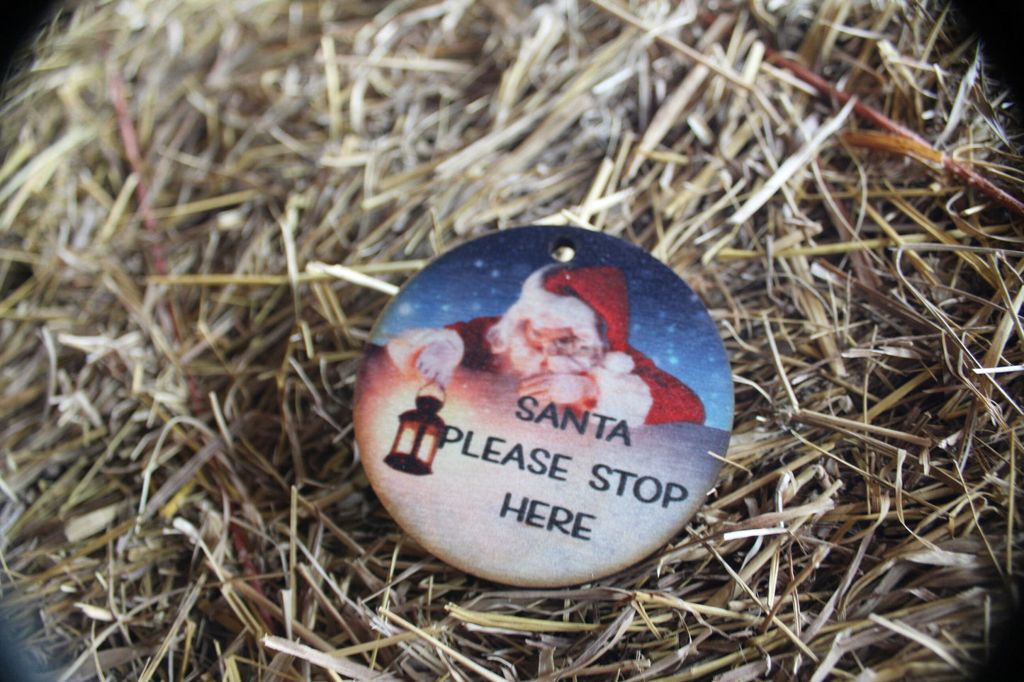 Santa Stop Here Believe Old Saint Nick Winter Kris Kringle Christmas Holiday Ornament Woodslice Keychain Gift Tag Round