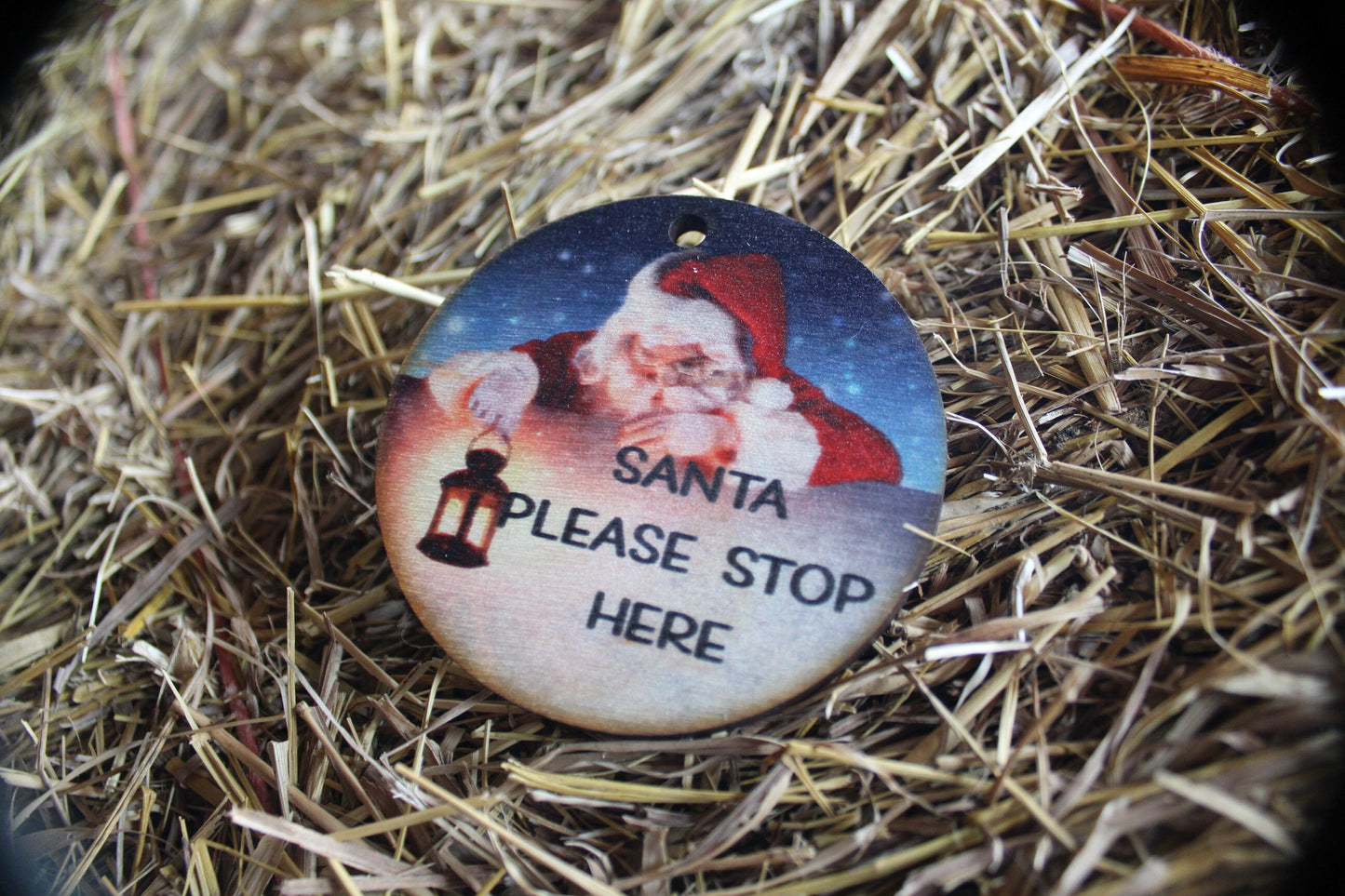 Santa Stop Here Believe Old Saint Nick Winter Kris Kringle Christmas Holiday Ornament Woodslice Keychain Gift Tag Round