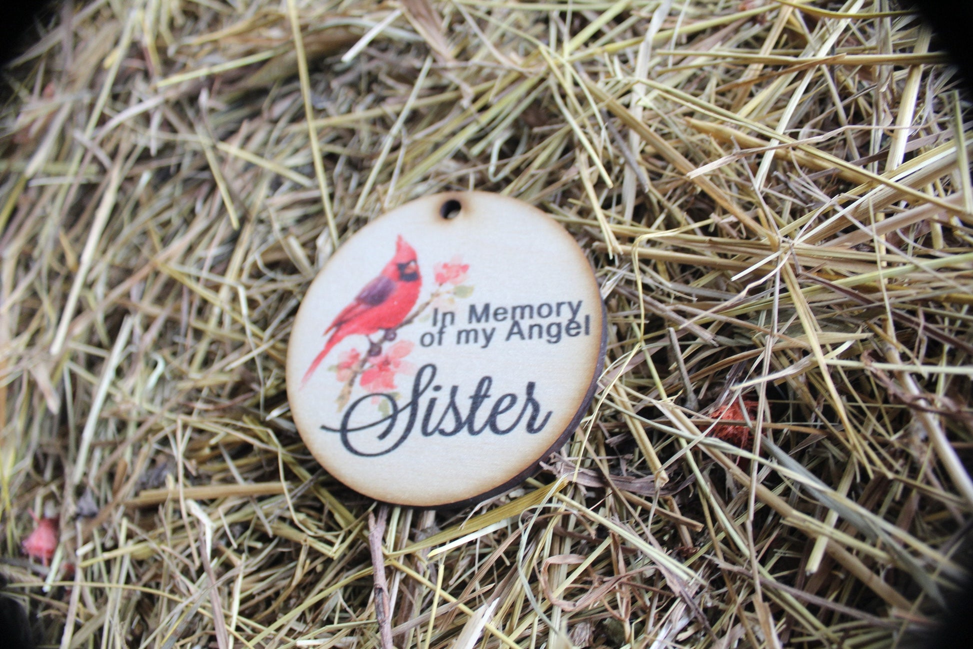 In Memory Of My Angel Sister Cardnial In Rememberance Memorial Christmas Holiday Ornament Woodslice Keychain Gift Tag Round