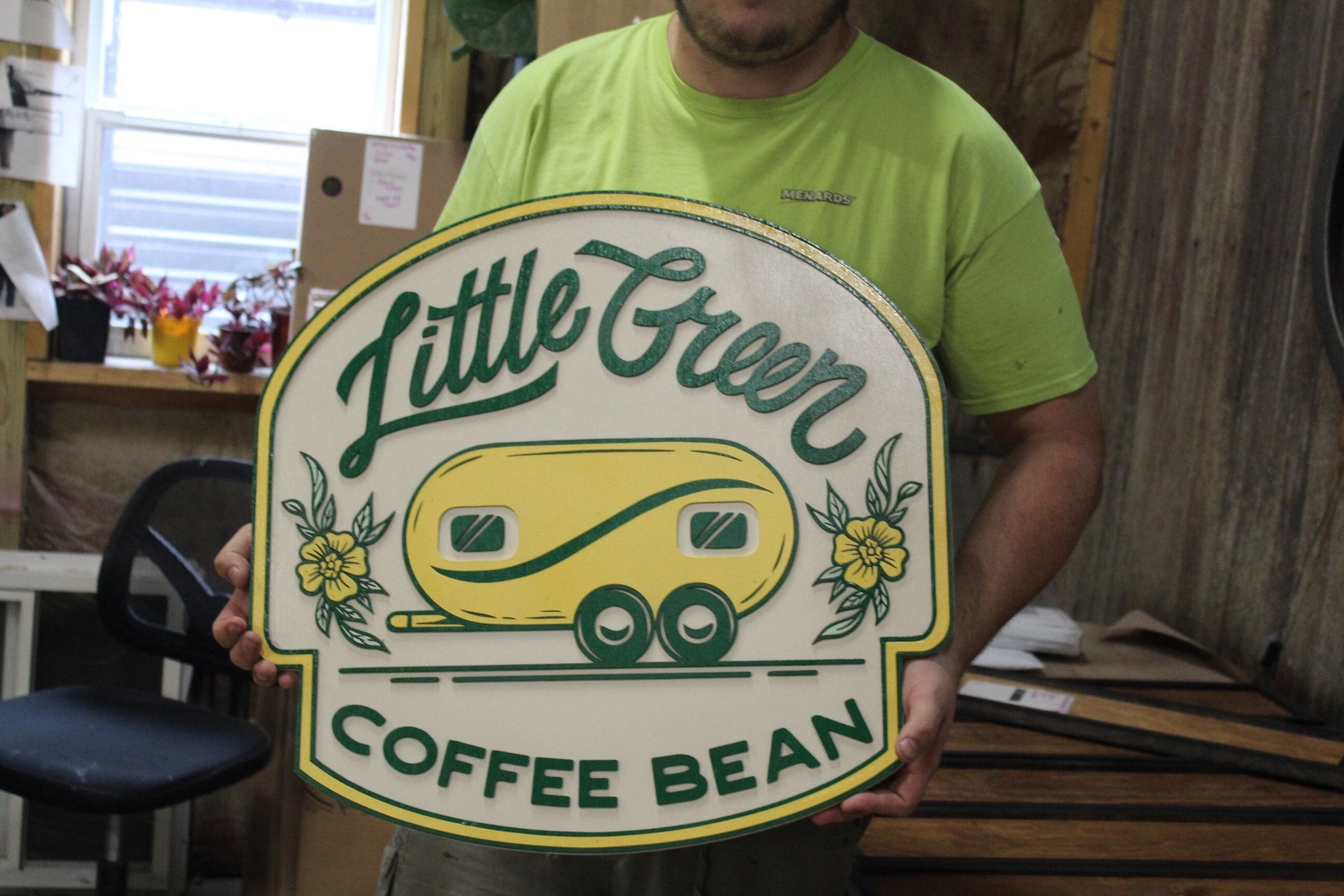 Coffee Shop Little Camper Coffee Bean Yellow Green Design Logo Image Large Round Custom Wood Sign Can Be Hanging Indoor Outdoor Minimalist