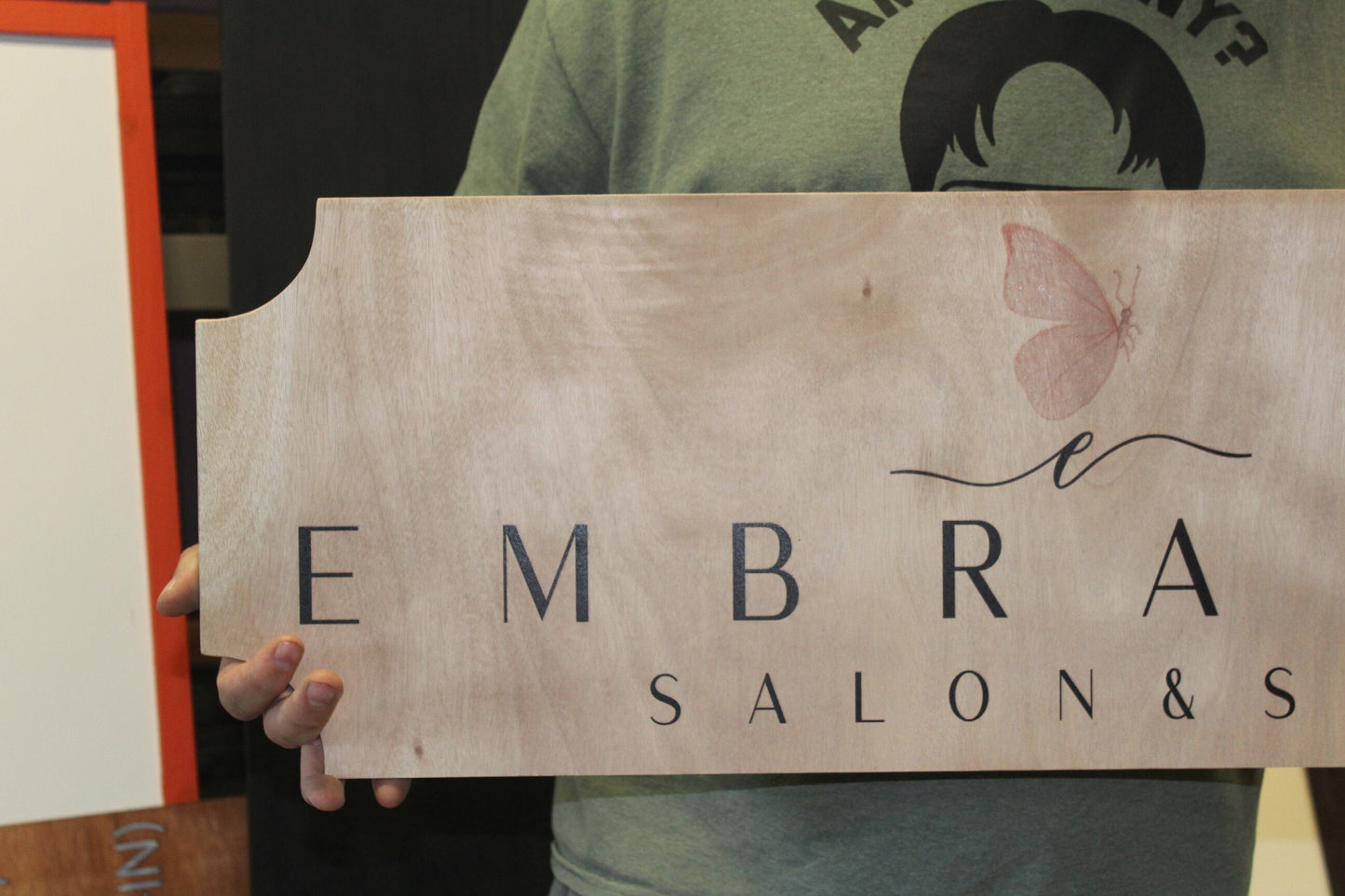 Embraced Day Spa Butterfly Business Logo Sign with UV Ink Printed Extra Detail Contour Wood Image