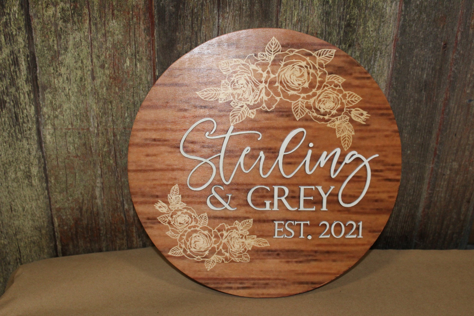 Established Sterling and Grey 2021 Roses Personalized Raised 3D Floral Wedding Engaged Round Woodgrain Gift Handmade Sign Business Circle