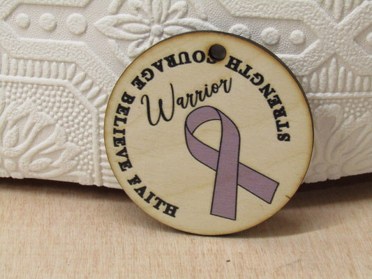 Cancer Awareness Ribbon Courage Strength Believe Warrior Faith Ornament Gift Tag Christmas Printed Image Woodslice Tree Trimming Birch